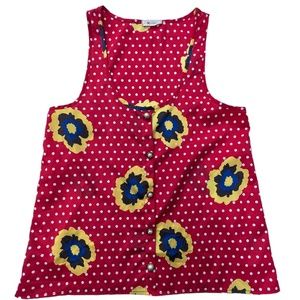 Everly Sleeveless Top with Button Detail Red & White Dot with Flower Small